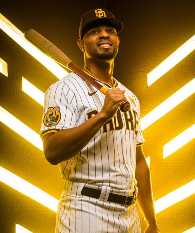 San Diego Padres Xander Bogaerts 2024 season campaign studio photos. Professional athlete portrait. Dramatic studio sports lighting photography. MLB creative direction by Evan Denworth.