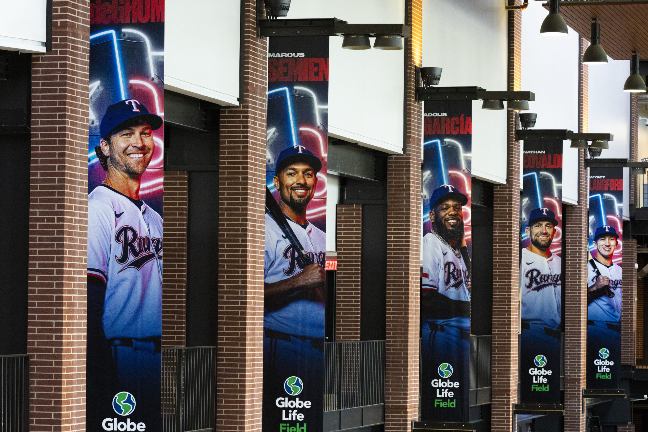 Texas Rangers 2025 season campaign studio photos and signage at Globe Life Field. Professional sports photography by Evan Denworth, Dallas commercial photographer.