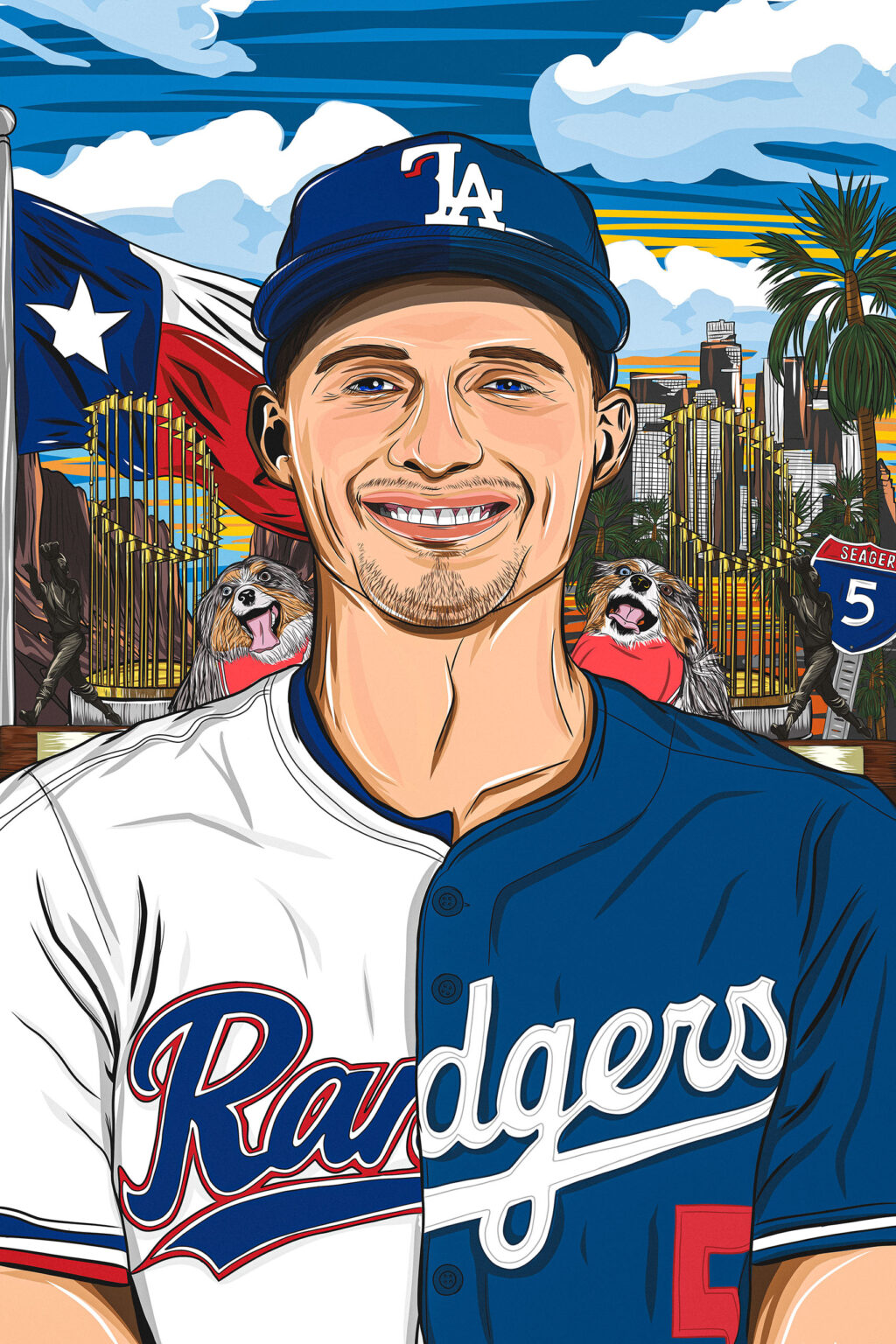Texas Rangers 10 Years of Service player illustrations Corey Seager — designed by Evan Denworth