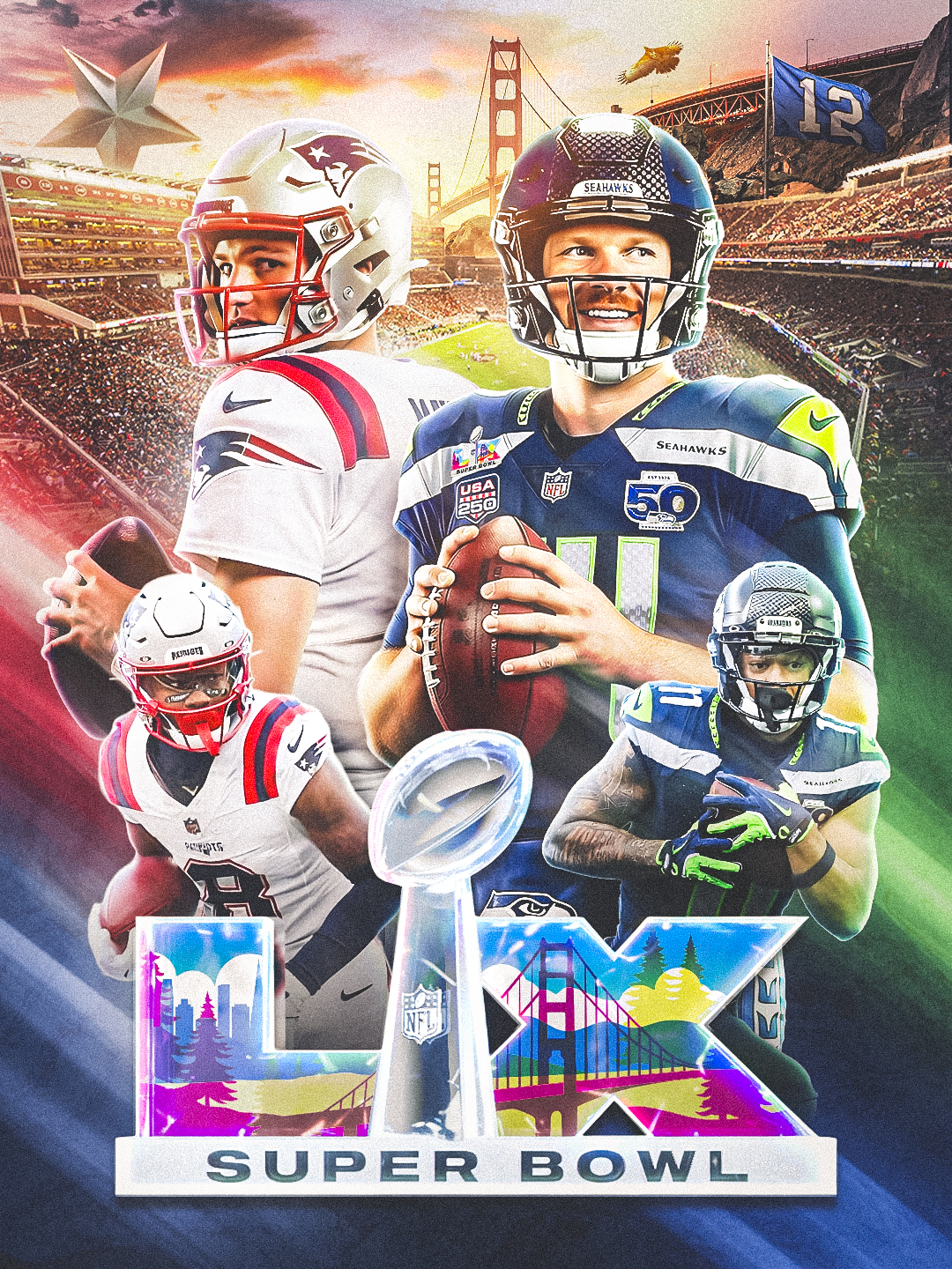 2026 Super Bowl LX Creative Graphics, Seattle Seahawks, New England Patriots, Drake Maye, Sam Darnold, Stephan Diggs, Jaxon-Smith Njigba. Super Bowl LX 2026 concept creative exploration — Seattle Seahawks vs New England Patriots, Sam Darnold, Drake Maye — design by Evan Denworth