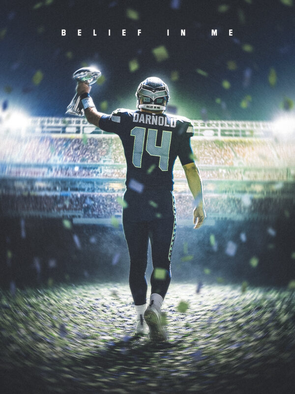 2026 Super Bowl LX Creative Graphics, Seattle Seahawks, Sam Darnold. Super Bowl LX 2026 concept creative exploration — Seattle Seahawks vs New England Patriots, Sam Darnold — design by Evan Denworth