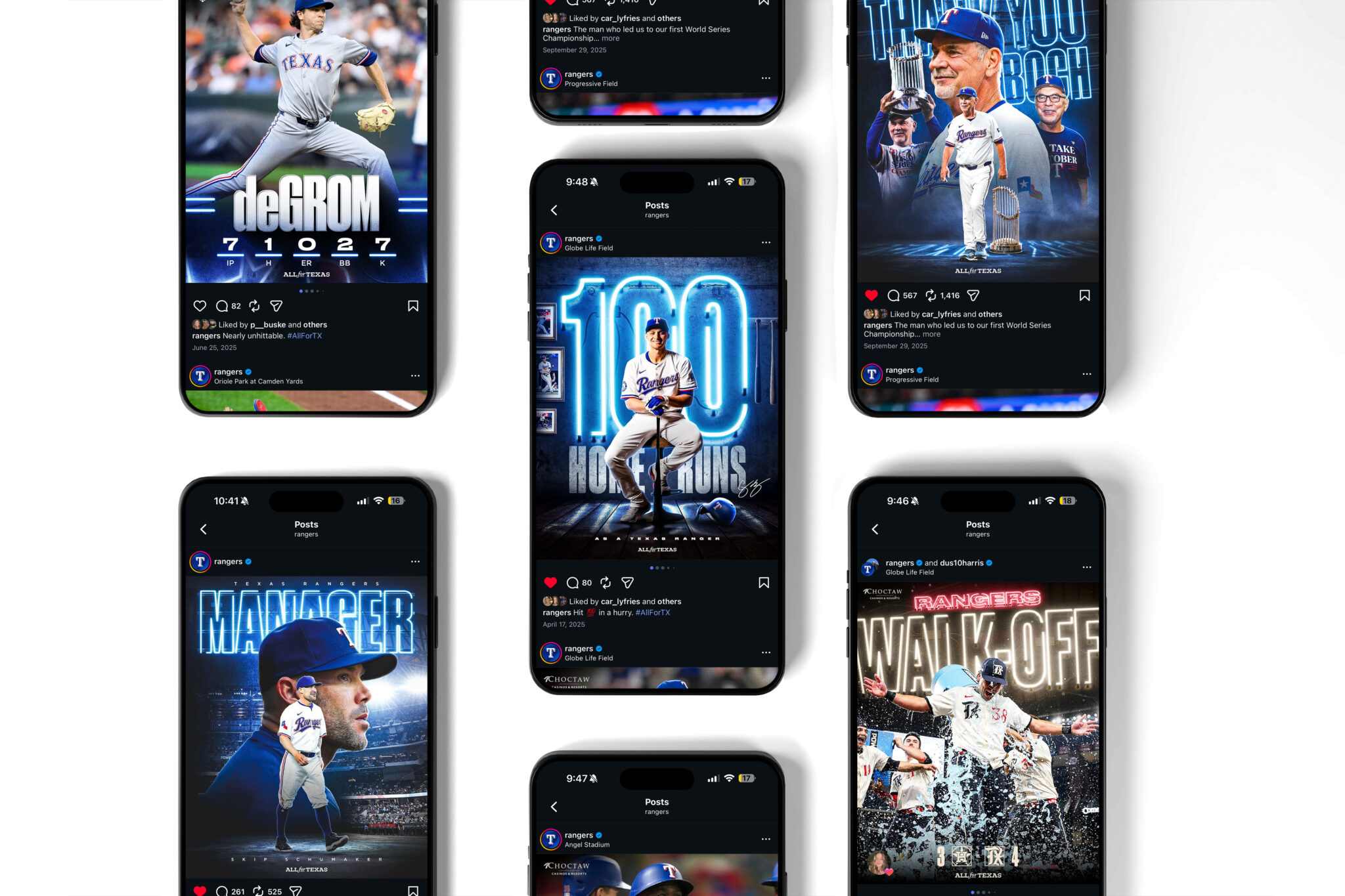 Texas Rangers 2025 social media graphics — designed by Evan Denworth,