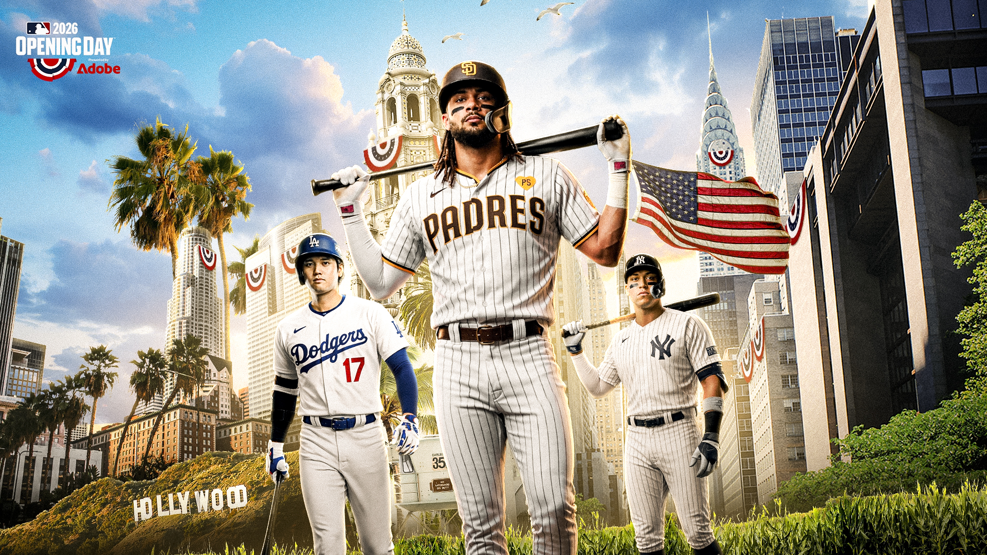 2026 Opening Day Baseball Poster Graphic featuring Fernando Tatis Jr. of the San Diego Padres, Shohei Ohtani of the Los Angeles Dodgers, and Aaron Judge of the New York Yankees. MLB Opening Day. MLB Network.