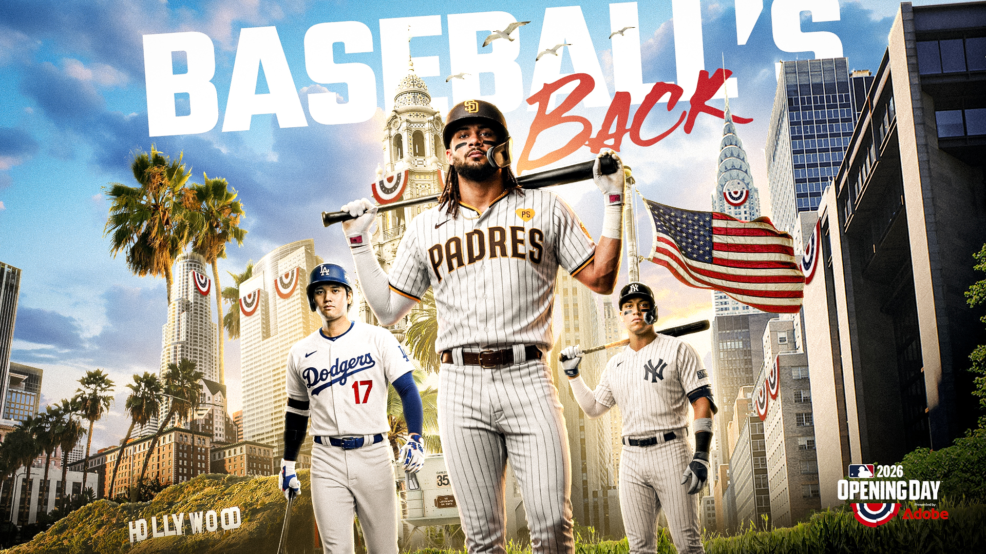 2026 Opening Day Baseball Poster Graphic featuring Fernando Tatis Jr. of the San Diego Padres, Shohei Ohtani of the Los Angeles Dodgers, and Aaron Judge of the New York Yankees. MLB Opening Day. MLB Network.