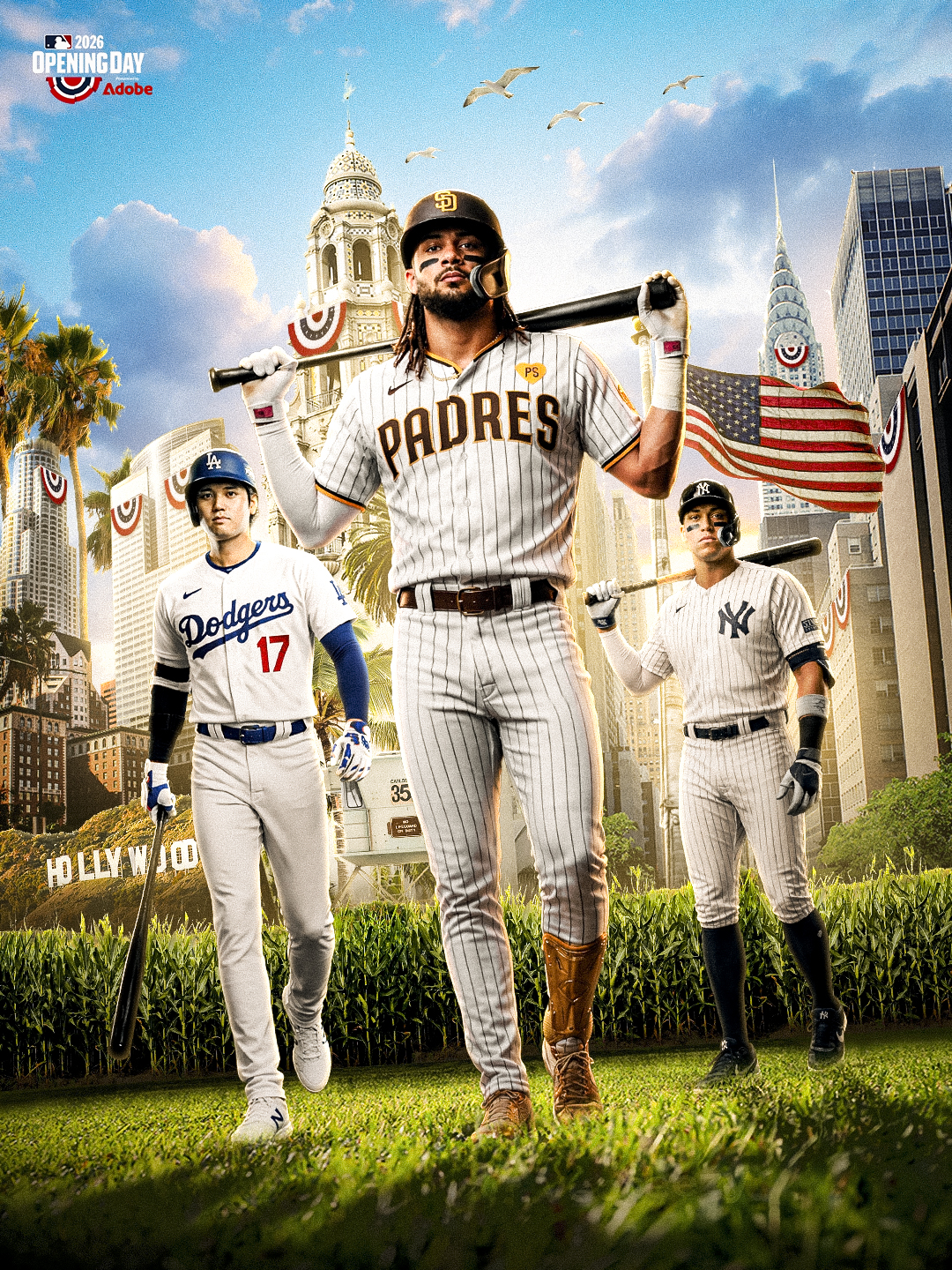 2026 Opening Day Baseball Poster Graphic featuring Fernando Tatis Jr. of the San Diego Padres, Shohei Ohtani of the Los Angeles Dodgers, and Aaron Judge of the New York Yankees. MLB Opening Day. MLB Network.