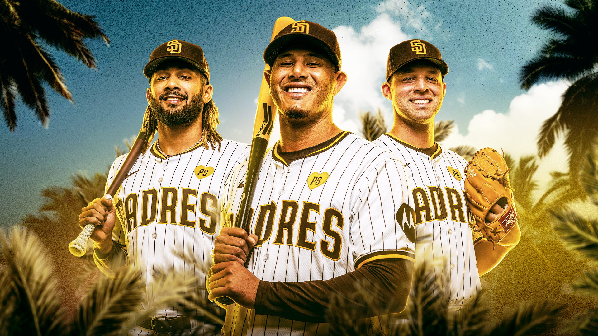 San Diego Padres Manny Machado Fernando Tatis Jr., and Michael King 2024 season campaign studio photos. Professional athlete portrait. Dramatic studio sports lighting photography. MLB creative direction by Evan Denworth. San Diego Padres 2024 MLB season brand campaign featuring Manny Machado, Fernando Tatis Jr., and Michael King — art direction by Evan Denworth